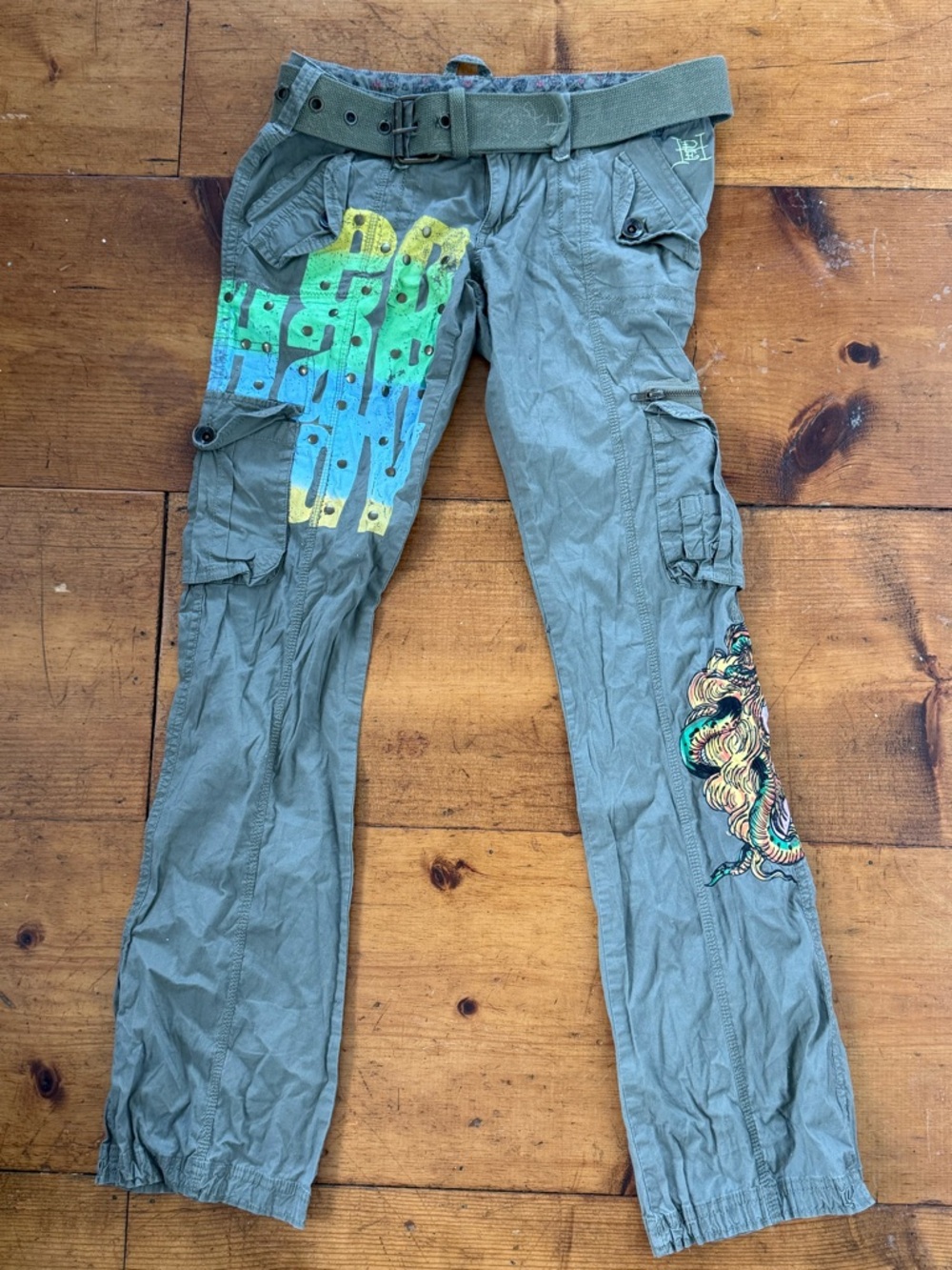 Y2K Ed Hardy green cargo pants with dragon and snake embroidered design